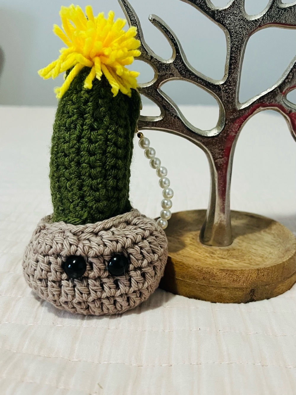 Crochet cactus with yellow flower keychain